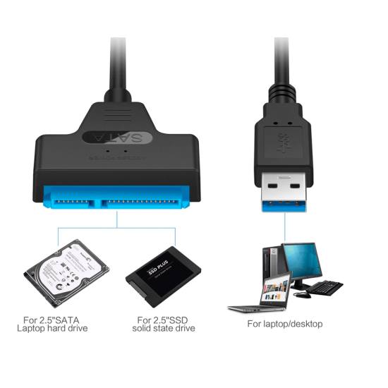 Cable USB 3.0 vers SATA III 2,5” 22 broches pour HDD SSD
