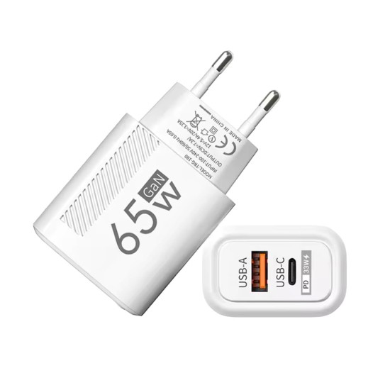 Chargeur GaN 65W USB-C USB-A avec charge rapide PD et QC3.0 Blanc