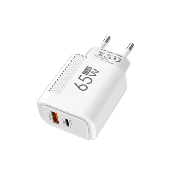 Cargador GaN 65W USB-C, USB-A con carga rápida PD y QC3.0 + cable USB-C 1m Blanco