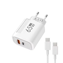 Cargador GaN 65W USB-C, USB-A con carga rápida PD y QC3.0 + cable USB-C 1m Blanco