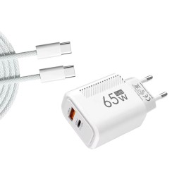 Câble de charge USB-C GaN 65W + 1m Blanc | Charge rapide PD + QC3.0
