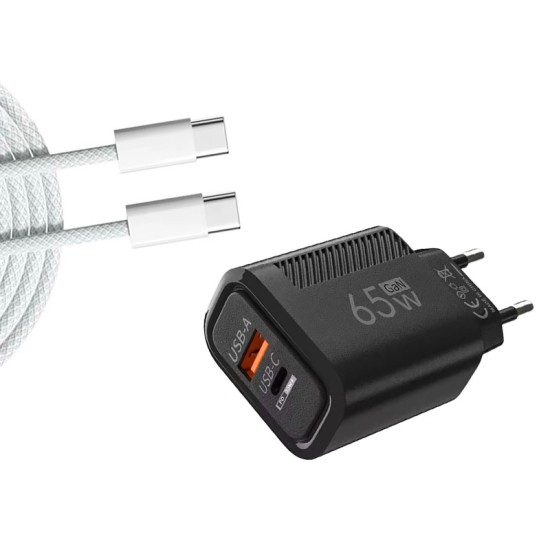 Câble de charge USB-C GaN 65W + 1m Blanc | Charge rapide PD + QC3.0