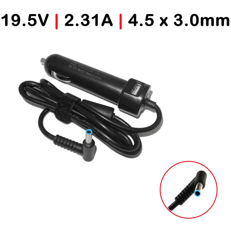 CHARGEUR DE VOITURE POUR ORDINATEUR PORTABLE HP SPLIT 19.5V 2.31A 4.5 x 3.0MM 45W